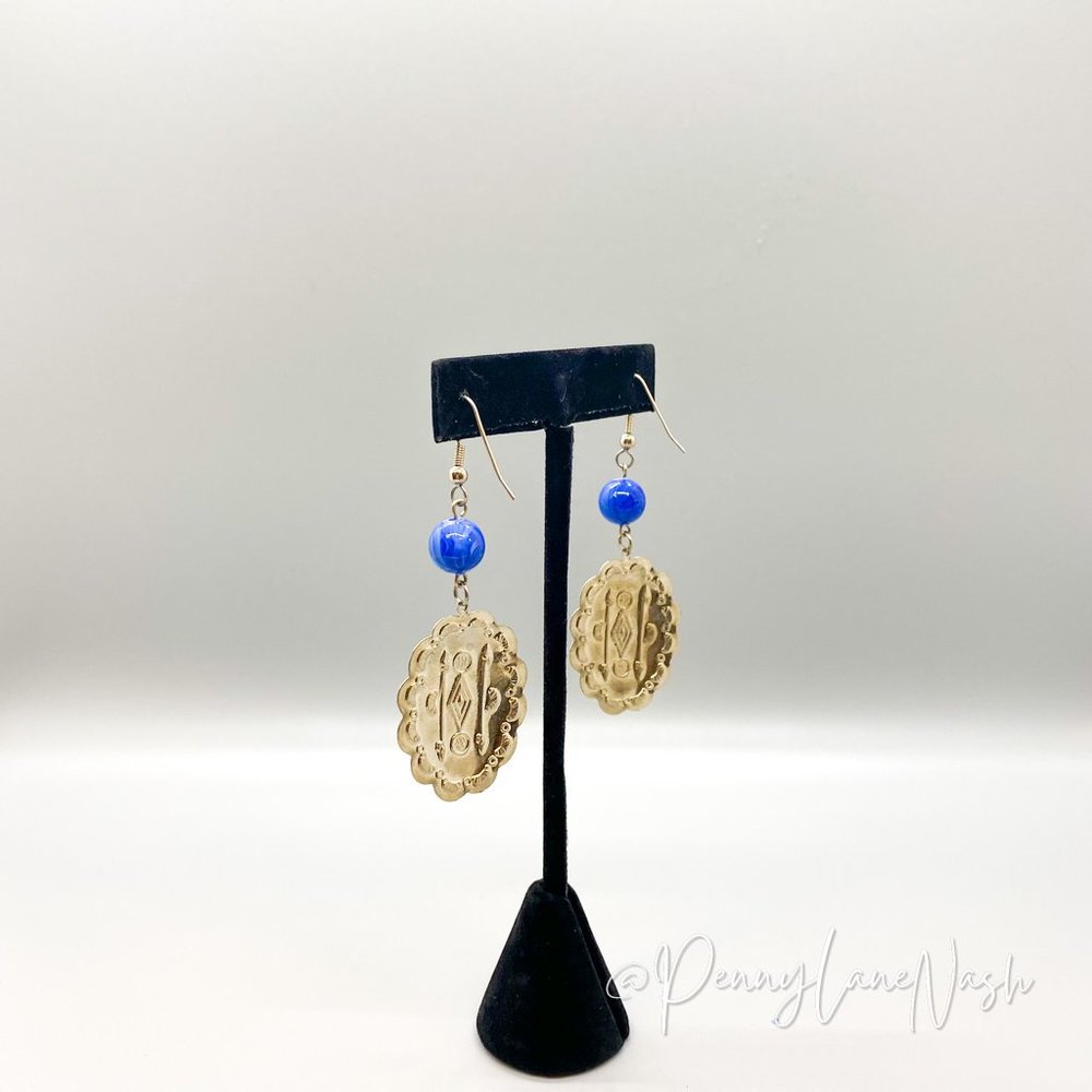 Vintage Arrow Metal Plate w/ Blue Bead Drop Earrings - Picture 5 of 6